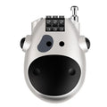 Retractable motorcycle helmet lock with extended steel cable next to bicycle helmet