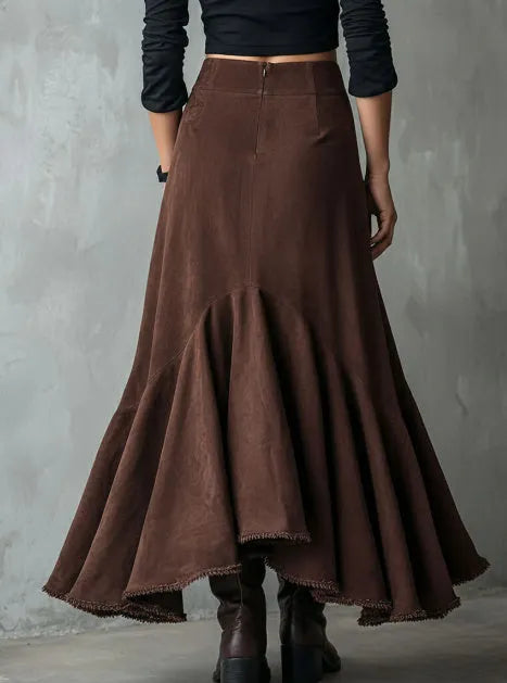 Brown women's maxi skirt with high-low hem and front ruffle detail