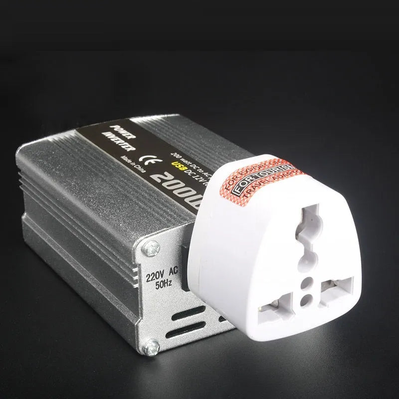 200W car inverter with USB in silver die-cast aluminium housing, 12V to 110V/220V vehicle power converter