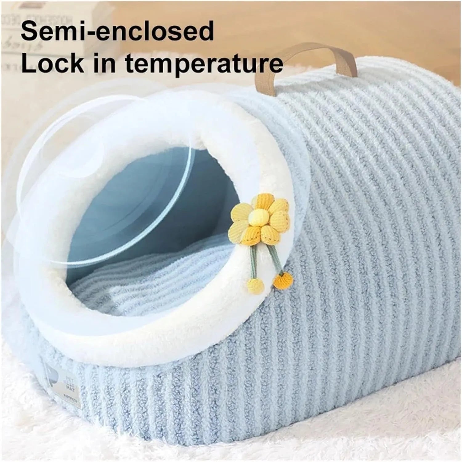 Blue cat cave bed with cushion, suitable for indoor cats and small pets like chihuahuas