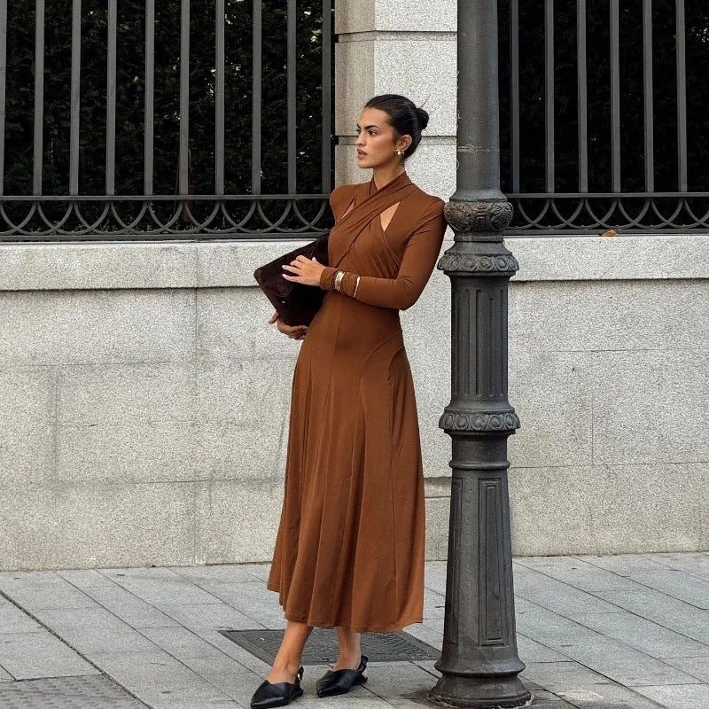 Fashion slim fit halter long sleeve princess dress in brown size S M L polyester