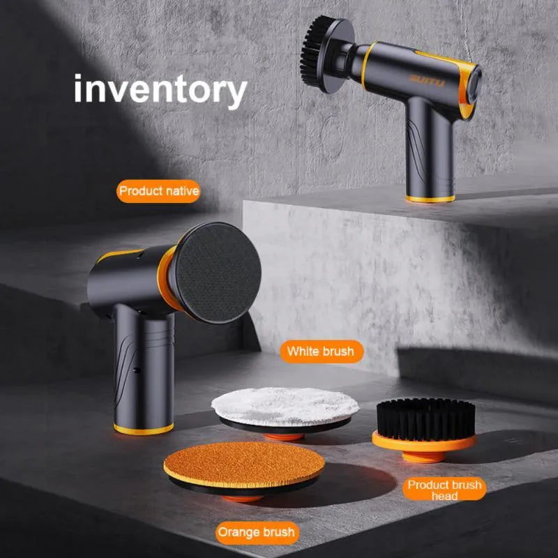 Cordless car polishing machine in black with ABS body, throwing disc, and two cloth pads