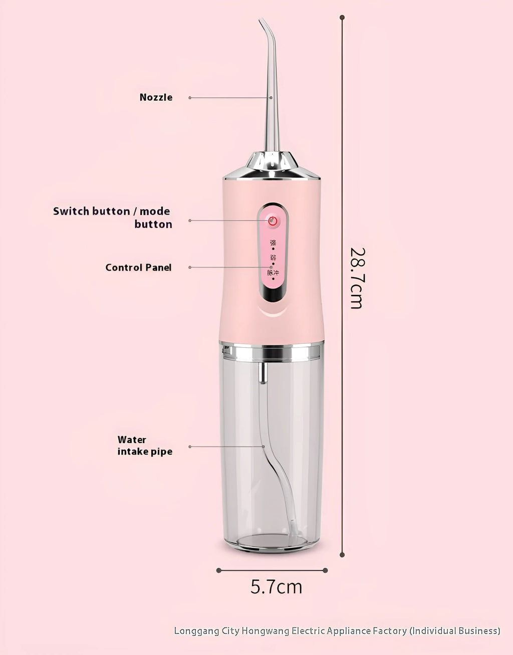 Pink portable electric water flosser with replaceable nozzles and large water tank on bathroom counter