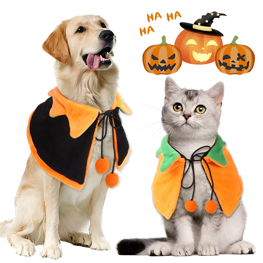 Reversible plush Halloween cloak costume for pets in pumpkin colours with size options