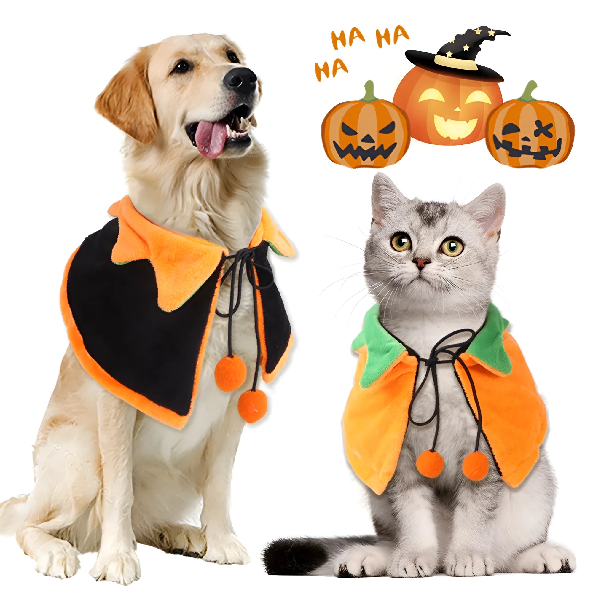 Reversible plush Halloween cloak costume for pets in pumpkin colours with size options