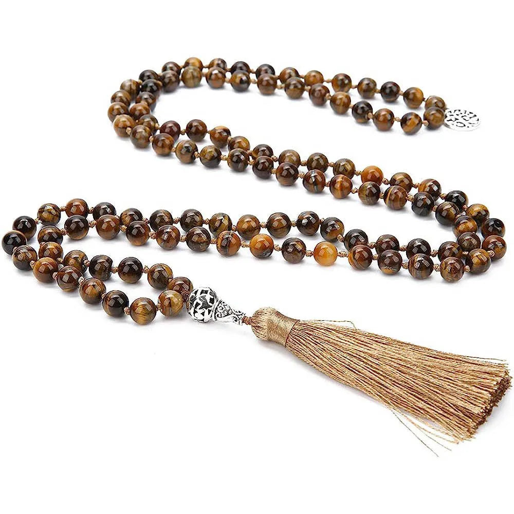 Handmade natural stone beaded necklace with 108 8mm beads showing geometric shape and 81cm length