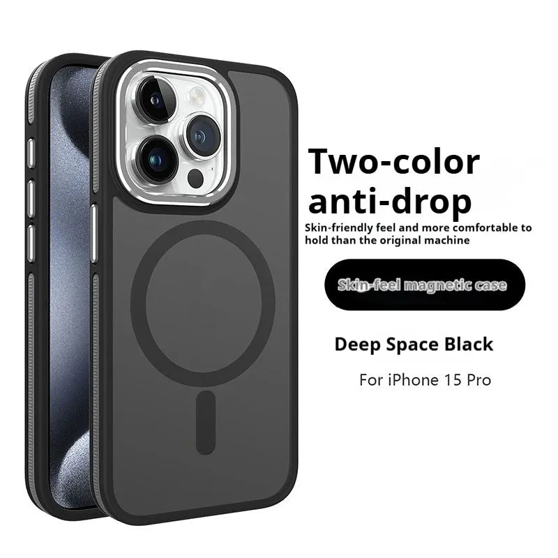 Magnetic frosted TPU phone case for iPhone 14 with metal lens ring in black
