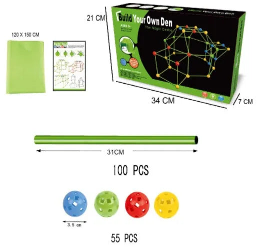 Luminous children's fort building kit with plastic sticks and connector balls for constructing castles and play tents