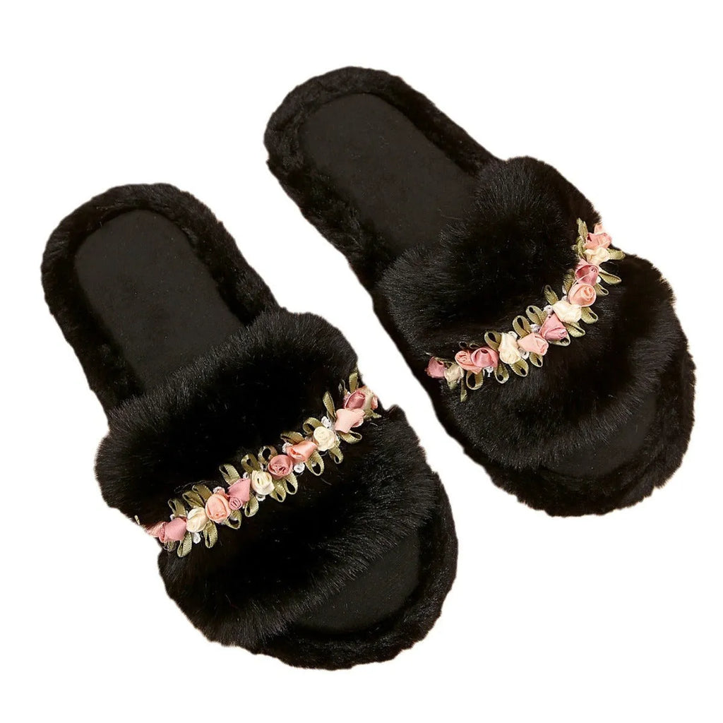 Flower fluffy slippers for women with artificial wool lining, cotton cloth upper, and rubber sole in white or black, sizes 36-43