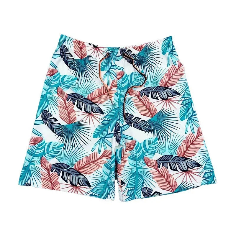 Men's cropped swimming trunks in a blue leaf pattern, made from polyester and spandex blend.