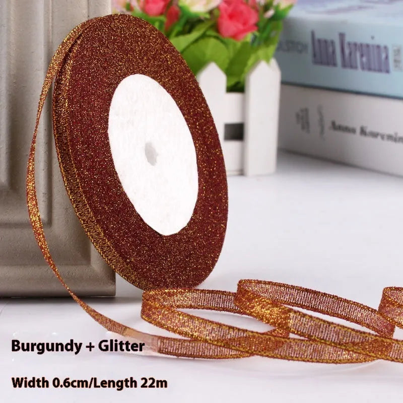 0.6cm wide polyester gift packaging ribbon roll in multiple colour options including gold leaf and jade pink