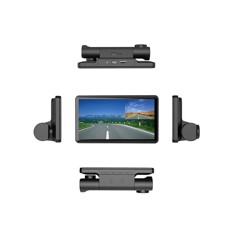 Black three-lens dashcam with 4-inch touchscreen display for front and rear car recording