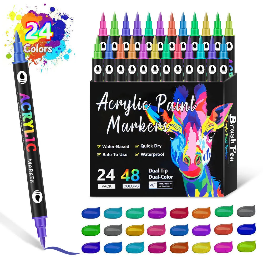 Double-headed acrylic marker pens showing broad and fine tips with opaque colours