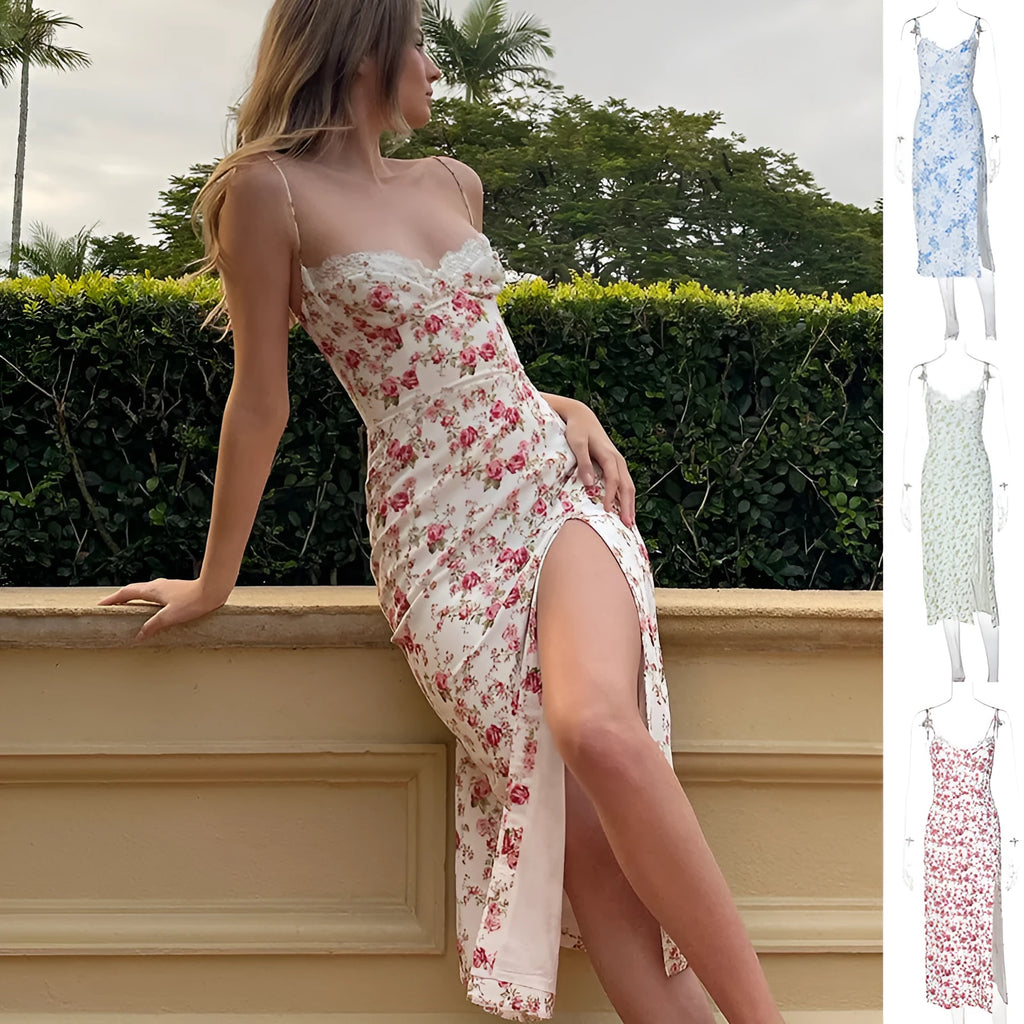 Women's blue lace flower print long suspender dress with a high leg slit on a model.