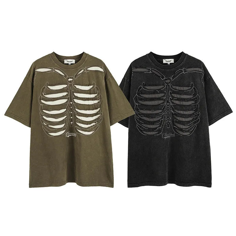 Loose fit black cotton t-shirt with skull and letter print, featuring drop-shoulder short sleeves.