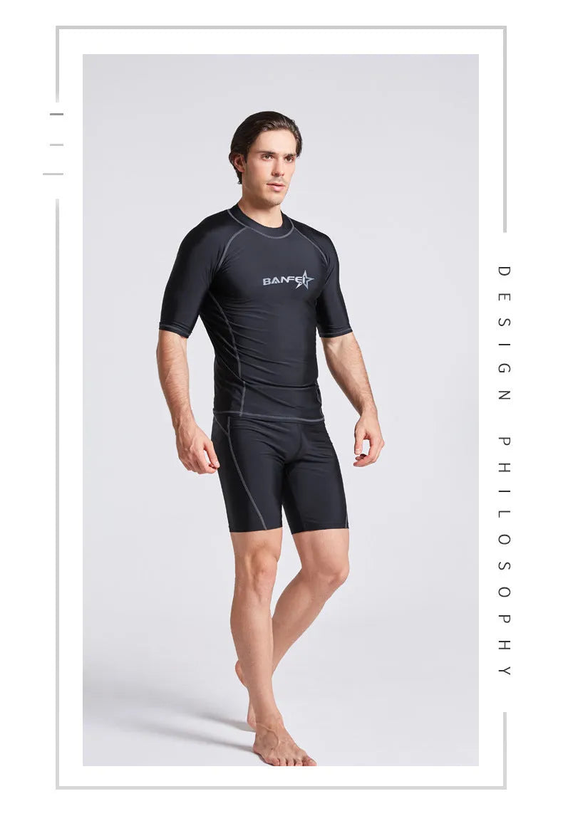Men's quick-drying half sleeve nylon wetsuit top and pants for snorkelling and surfing