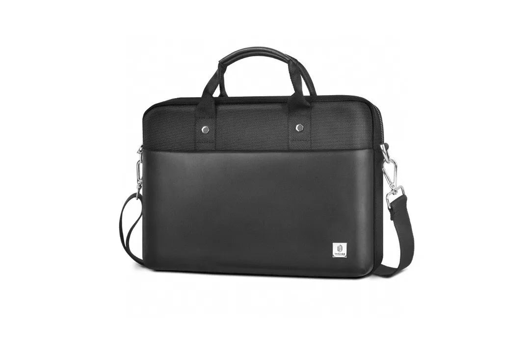 Black oxford cloth laptop handbag showing multiple internal pockets and a lock, suitable for a 14-inch or 15.6-inch computer.