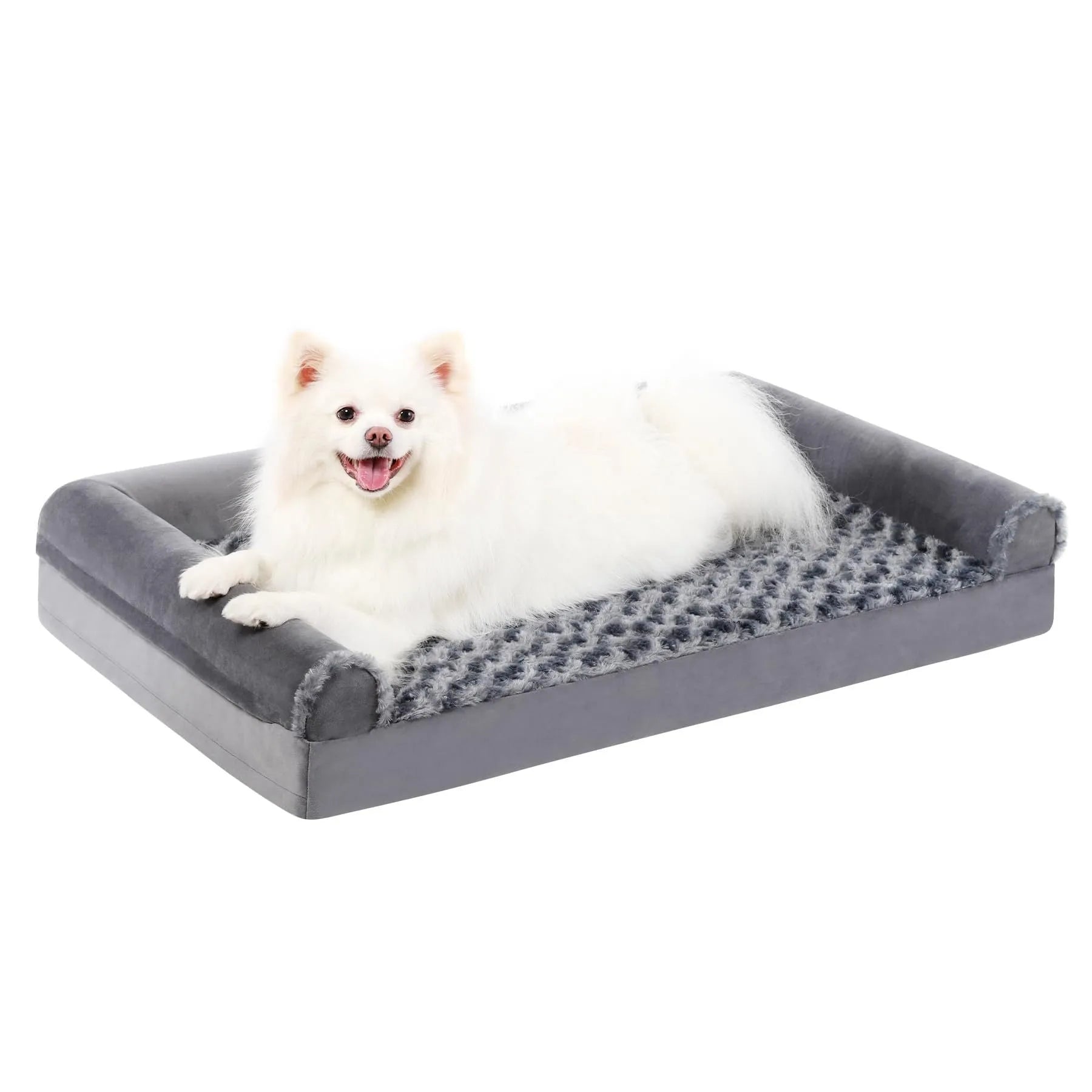 Grey U-shaped removable cover velvet dog sofa kennel bed showing sponge interior