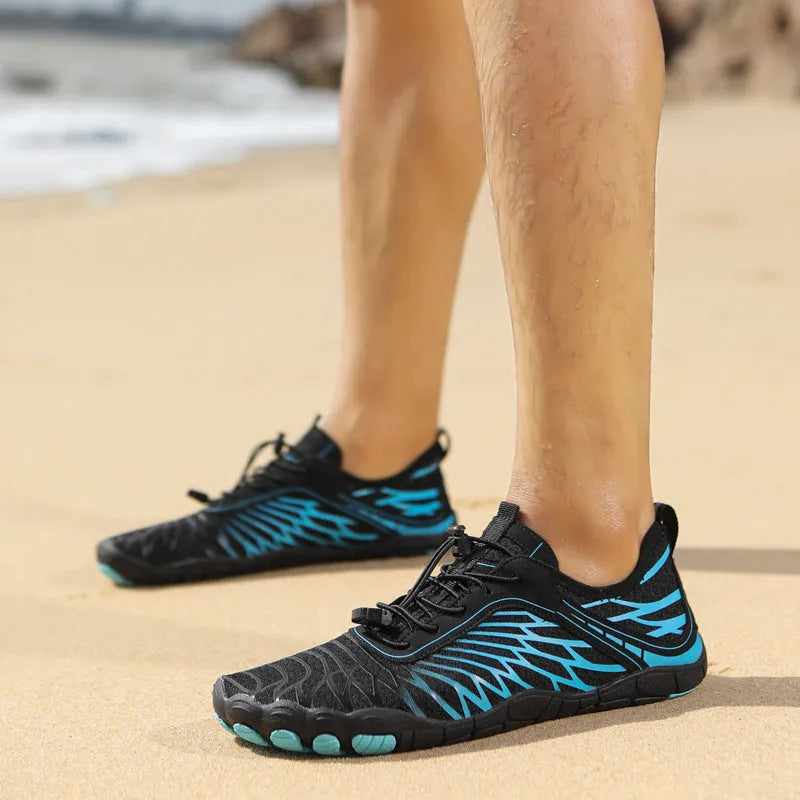Unisex water shoes with non-slip rubber sole and Velcro closure in black and blue colour option