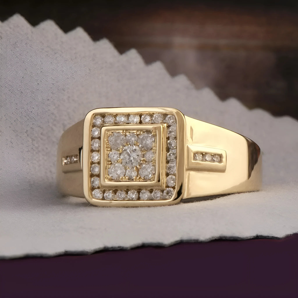 Gold plated men's alloy geometric ring on a light background