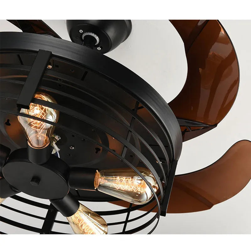 Industrial-style ceiling fan light with acrylic blades and shade, mounted flush to a white ceiling, with a remote control.