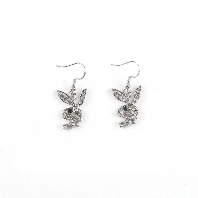 Cute cartoon rabbit stud earrings for women in gold, pink, and silver alloy.