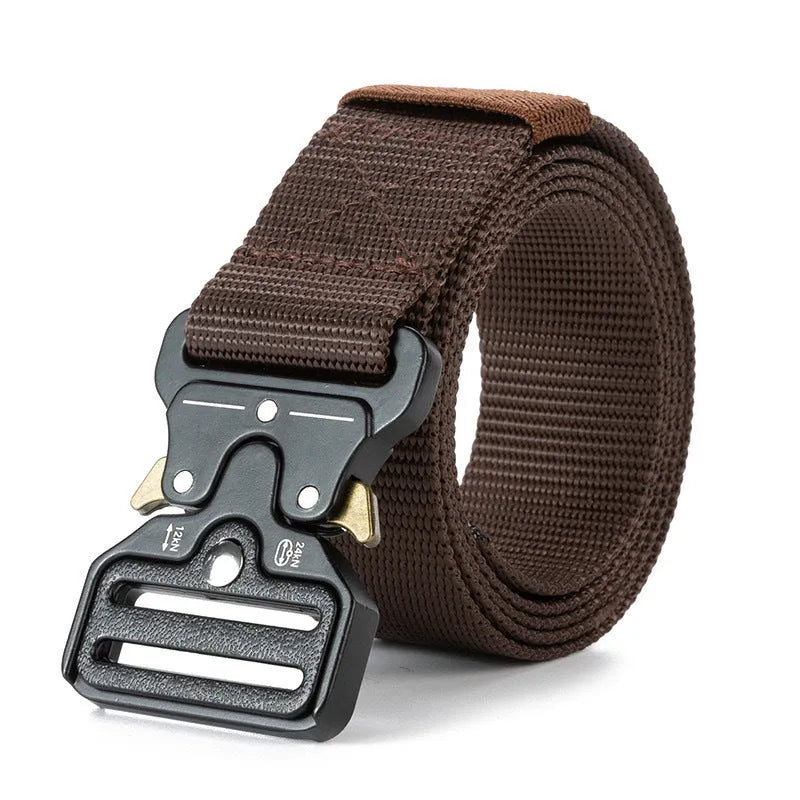 Men's tactical canvas belt with alloy release buckle in Army Green colour on a neutral background.