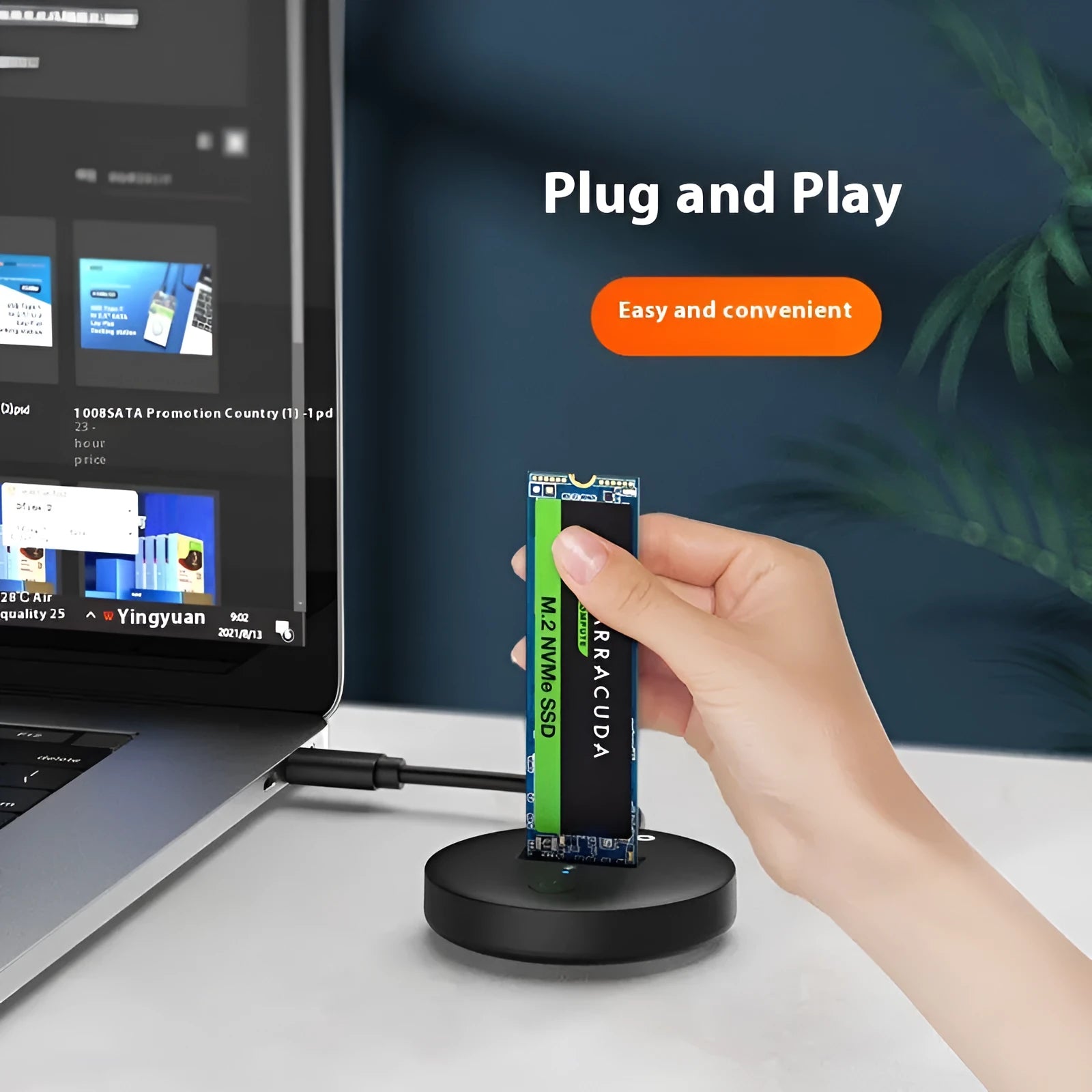 Black M.2 SSD external enclosure with USB Type-C connector for 10Gbps data transfer