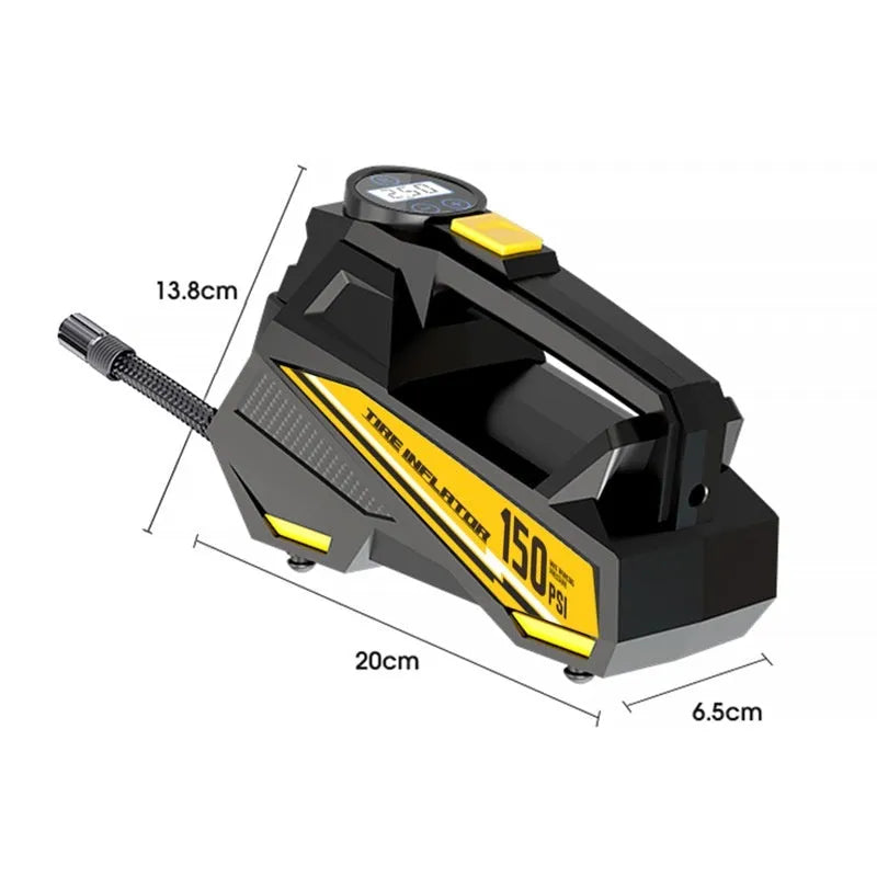 Black 12V portable digital tyre inflator with LED light and display, shown with air hose and power cable.