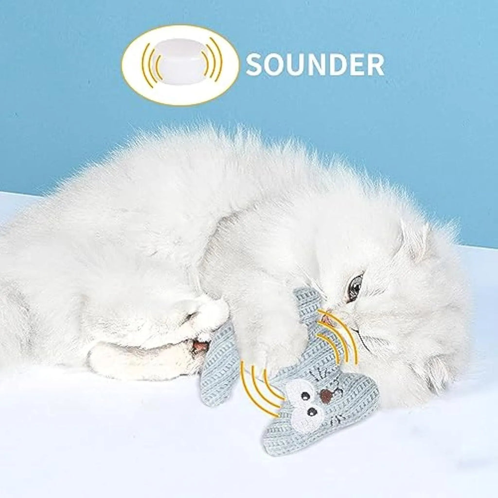Cyan plush cat toy with bell and catnip, measuring 12cm by 11cm, on a white background