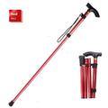 Aluminum alloy folding walking stick in black, shown extended and folded, with non-slip handle.