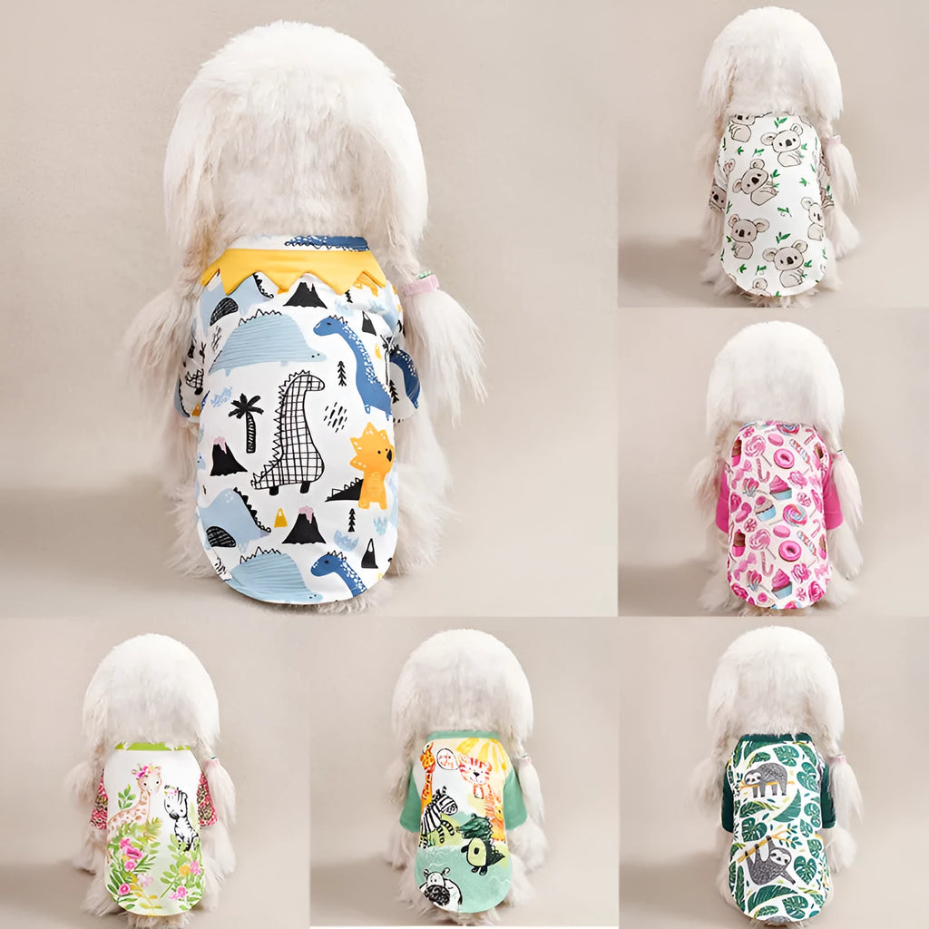 Full print casual T-shirt on a small dog, showing the patterned polyester fabric.