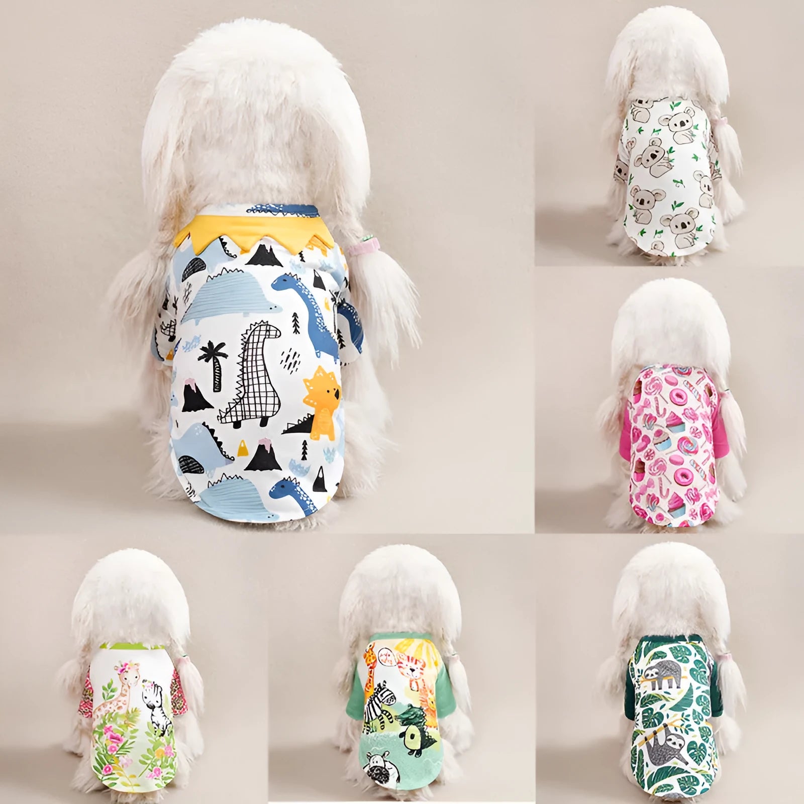 Full print casual T-shirt on a small dog, showing the patterned polyester fabric.