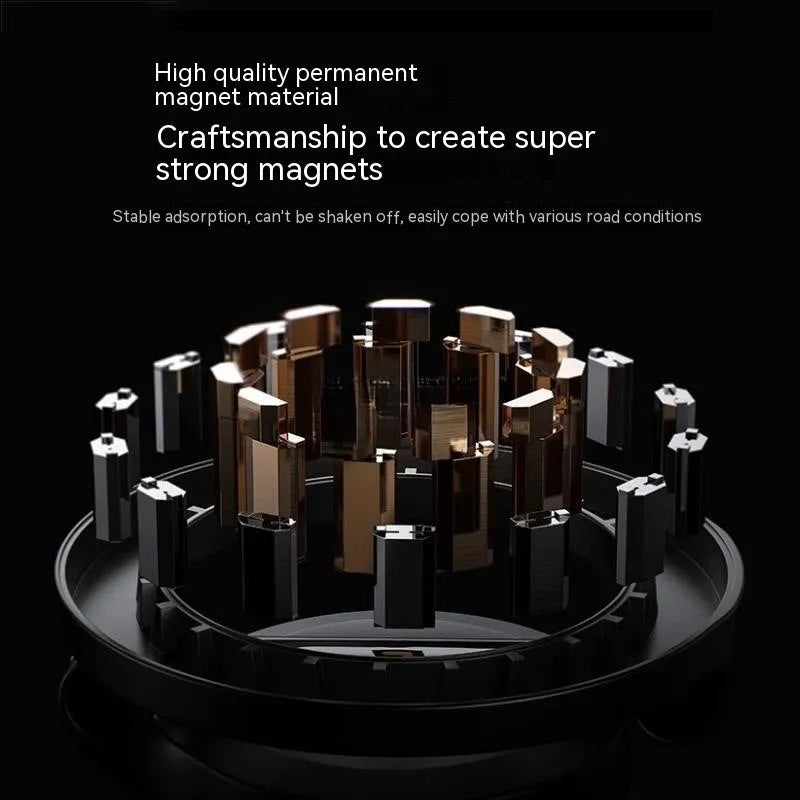 All-metal magnetic car phone mount in Qian colour on a car dashboard.