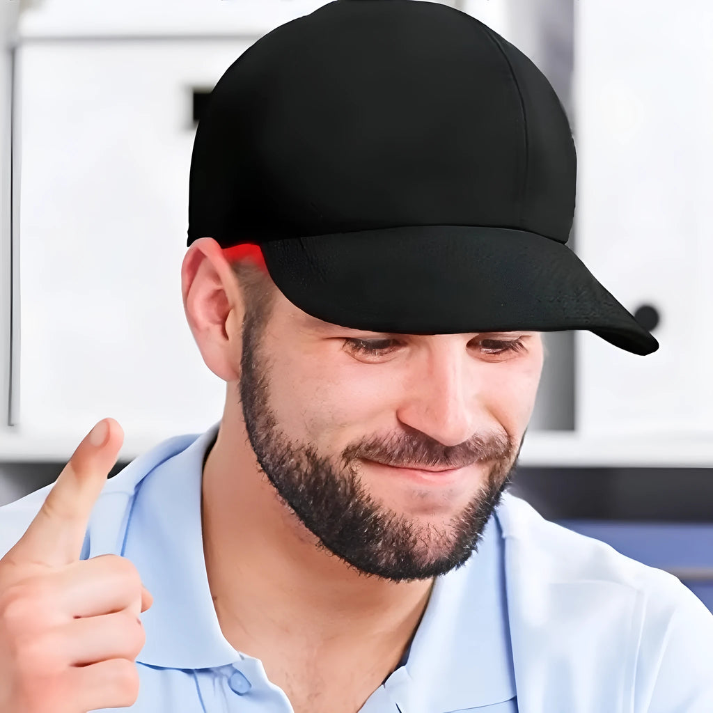 Black duckbill-style infrared hair growth cap with LED lights and a separate controller unit.