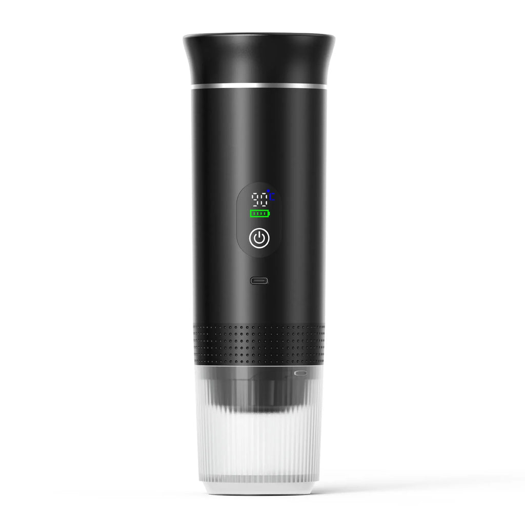 Black portable capsule coffee machine for electric car travel with LCD display and compact 80ml water tank