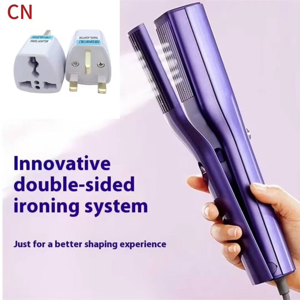 Handheld garment steamer with plastic housing showing steam control buttons and UK plug