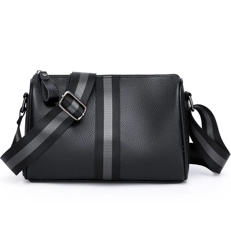 Black genuine leather one-shoulder crossbody bag with adjustable strap