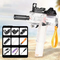 Electric water gun toy with transparent casing showing internal water level, includes sight glass and holoscope accessories