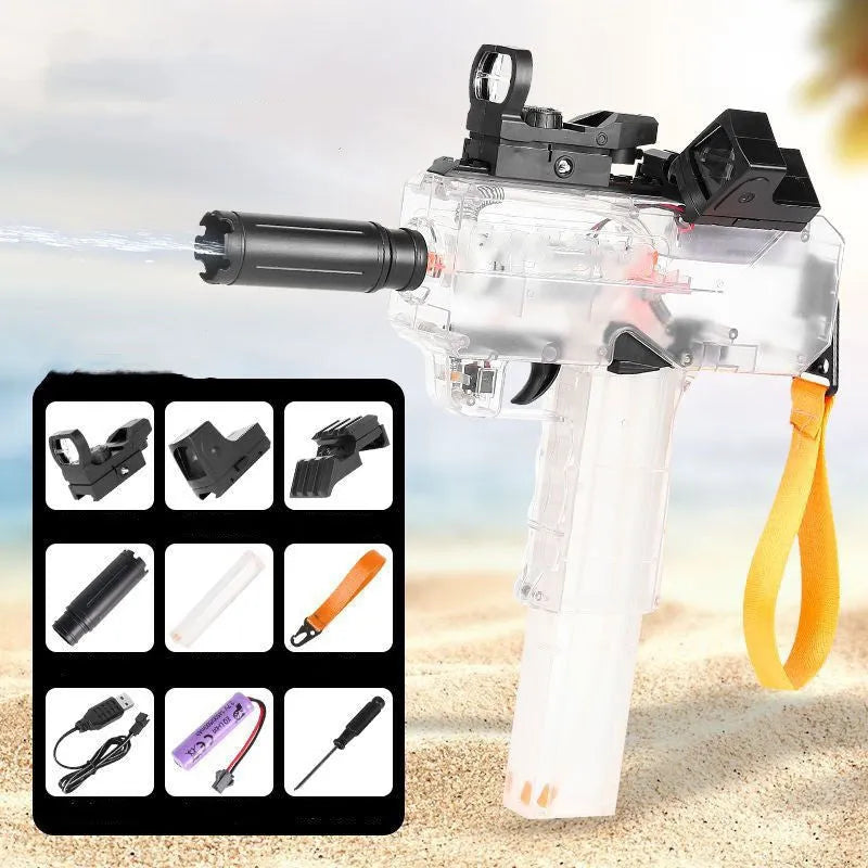 Electric water gun toy with transparent casing showing internal water level, includes sight glass and holoscope accessories