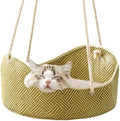Green rattan cat hammock with cotton rope weaving and metal corner hooks