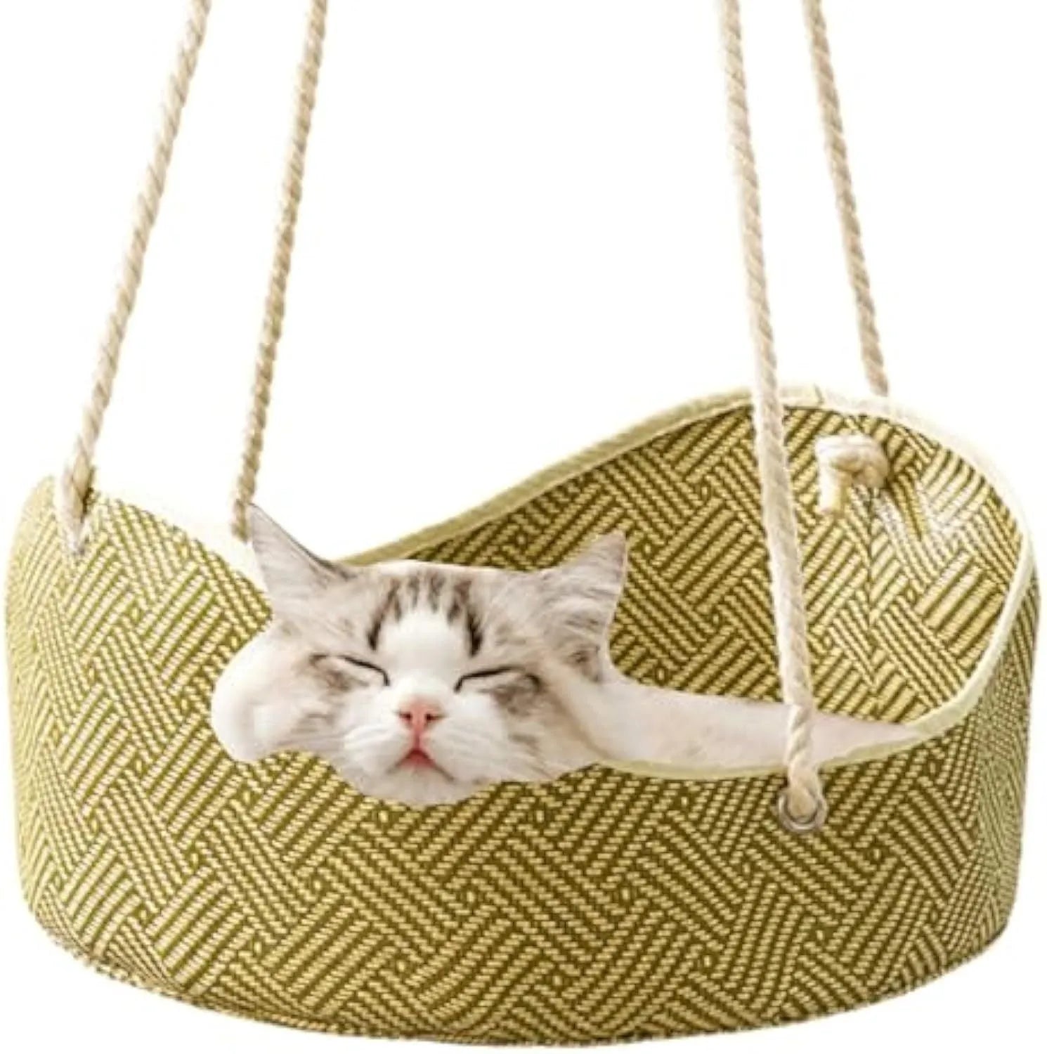 Green rattan cat hammock with cotton rope weaving and metal corner hooks