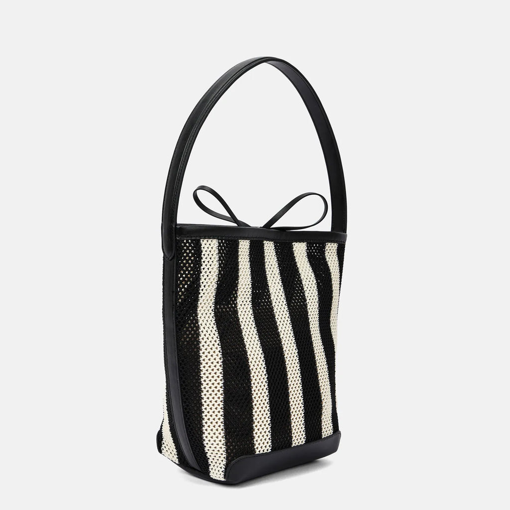 Black and white striped woven fabric women's shoulder bag with bucket style