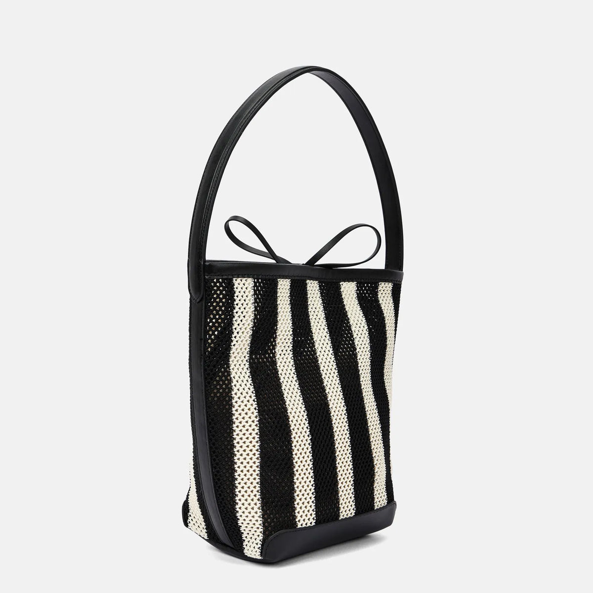 Black and white striped woven fabric women's shoulder bag with bucket style