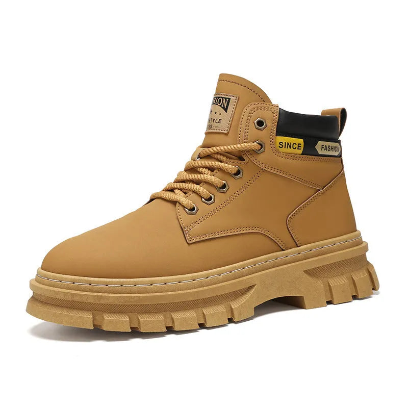 Men's high top Martin boots in YE50 Brown artificial PU leather with lace-up front and round toe on a wooden floor