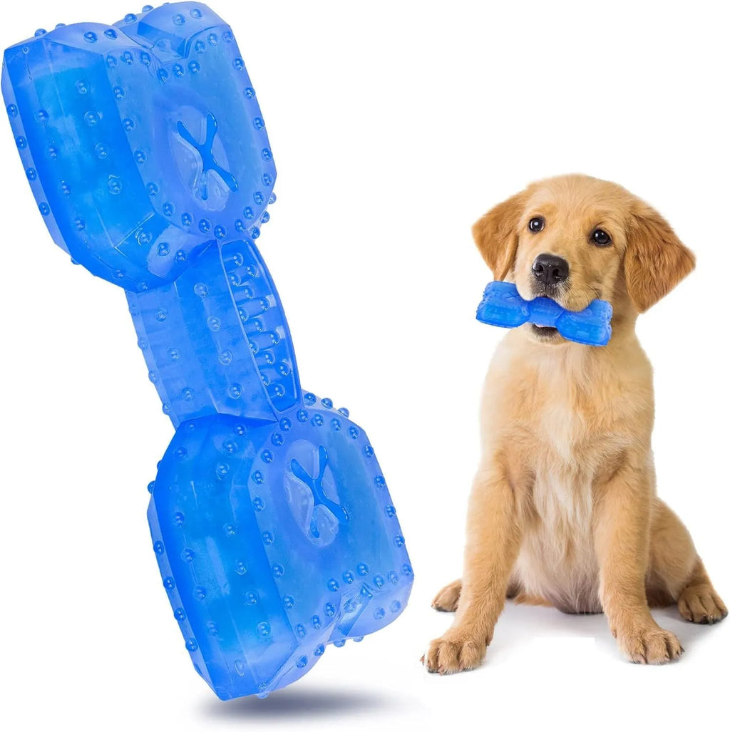 Freezable non-toxic dog cooling chew toy in bone and circle shapes.