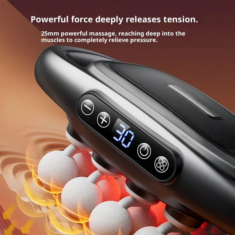 Black multi-head percussion massager with LED screen for calf, back, and waist muscle relief