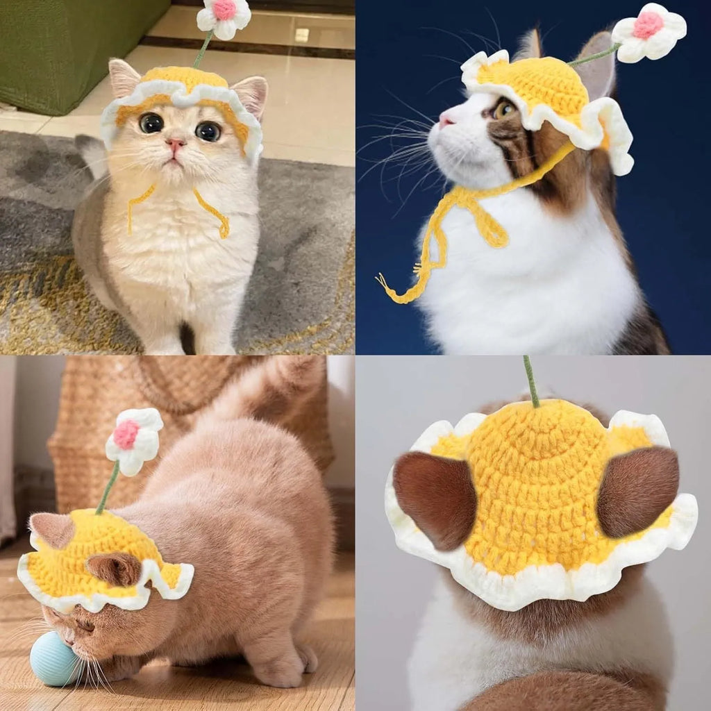 Knitted pet hat with cartoon design for cats and small dogs in green colour