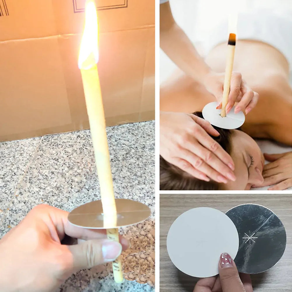 Natural beeswax ear candle for ear wax removal, conical shape, 23.5cm length, on a white background