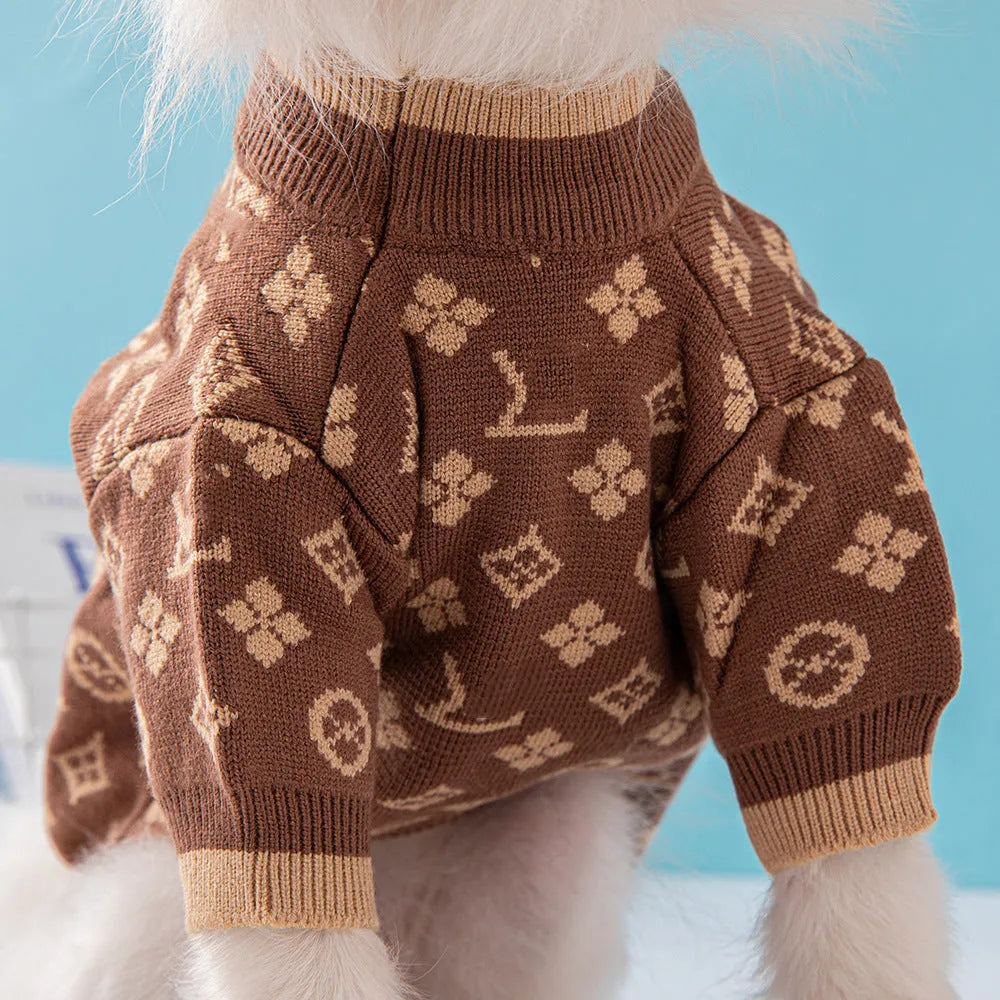 A thick wool dog sweater shown in a choice of monochrome or two-tone colours, sized from XS to XXL.